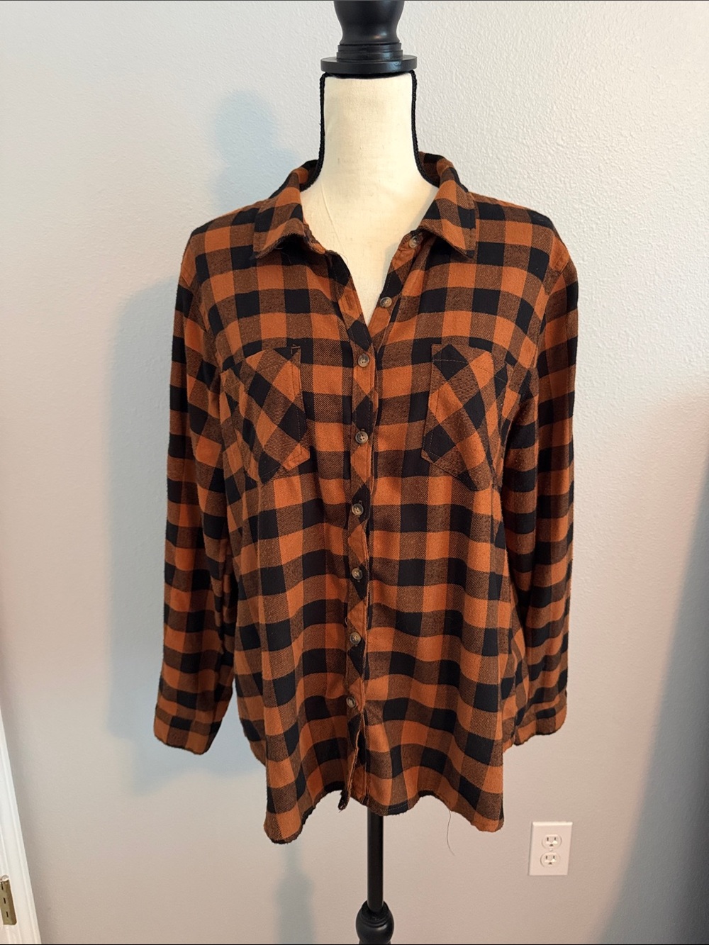 Maurices Orange and Black Buffalo Plaid Button-Down Shirt